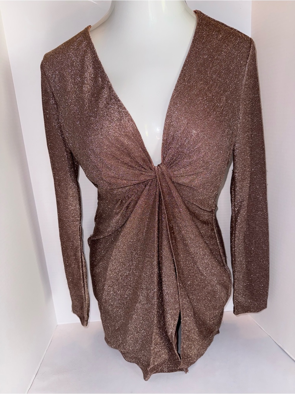 Shimmery mauve Brown Twist-Front Long Sleeve Top size large